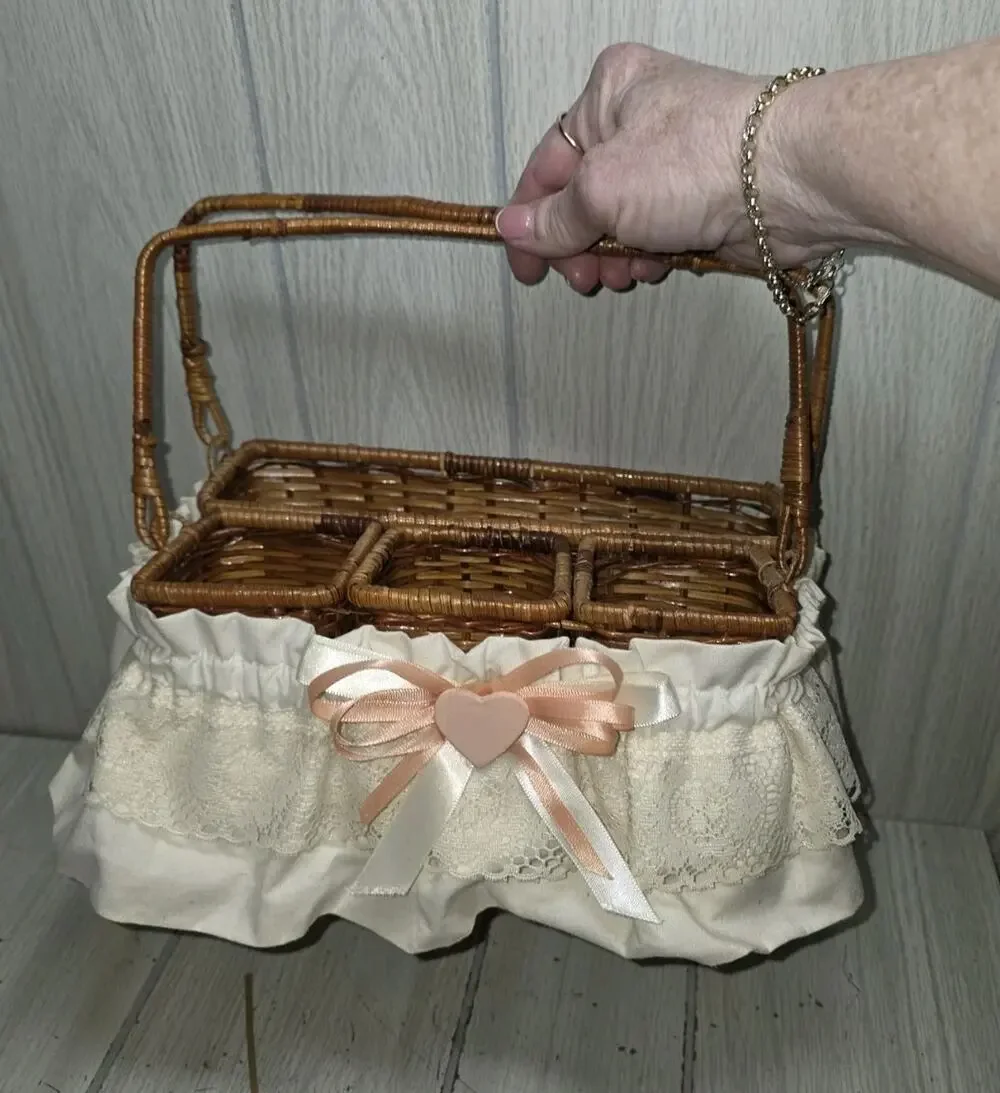 Vintage Wicker Basket Storage Caddy Silverware Picinic Organizer Heart Lace Bow